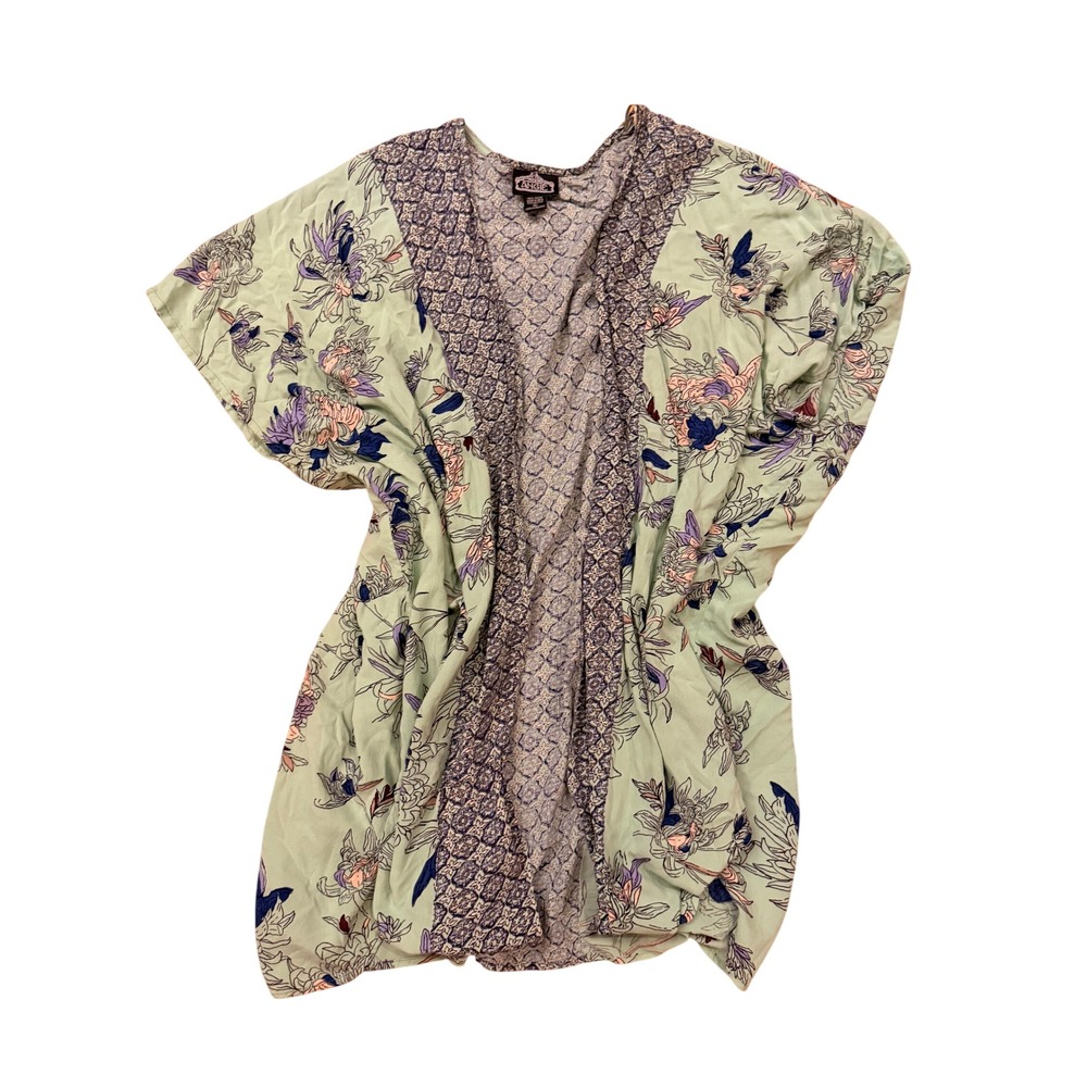 Angie Floral Kimono Cardigan Mint Green Boho Mixed Print Open Front Large